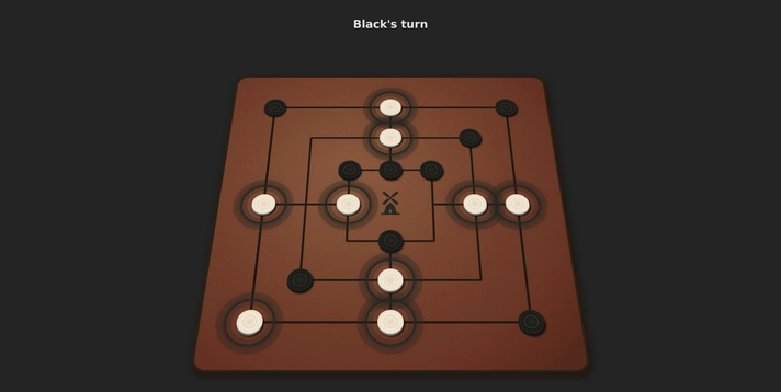 The white player has a mill. All pieces by player black, that can be removed, are highlighted.